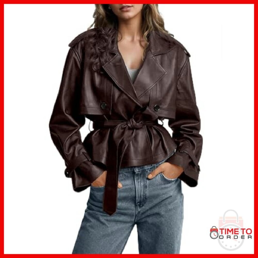 Faux Leather Belted Trench Coat Moto Jacket Women's Size Small - Picture 2 of 7
